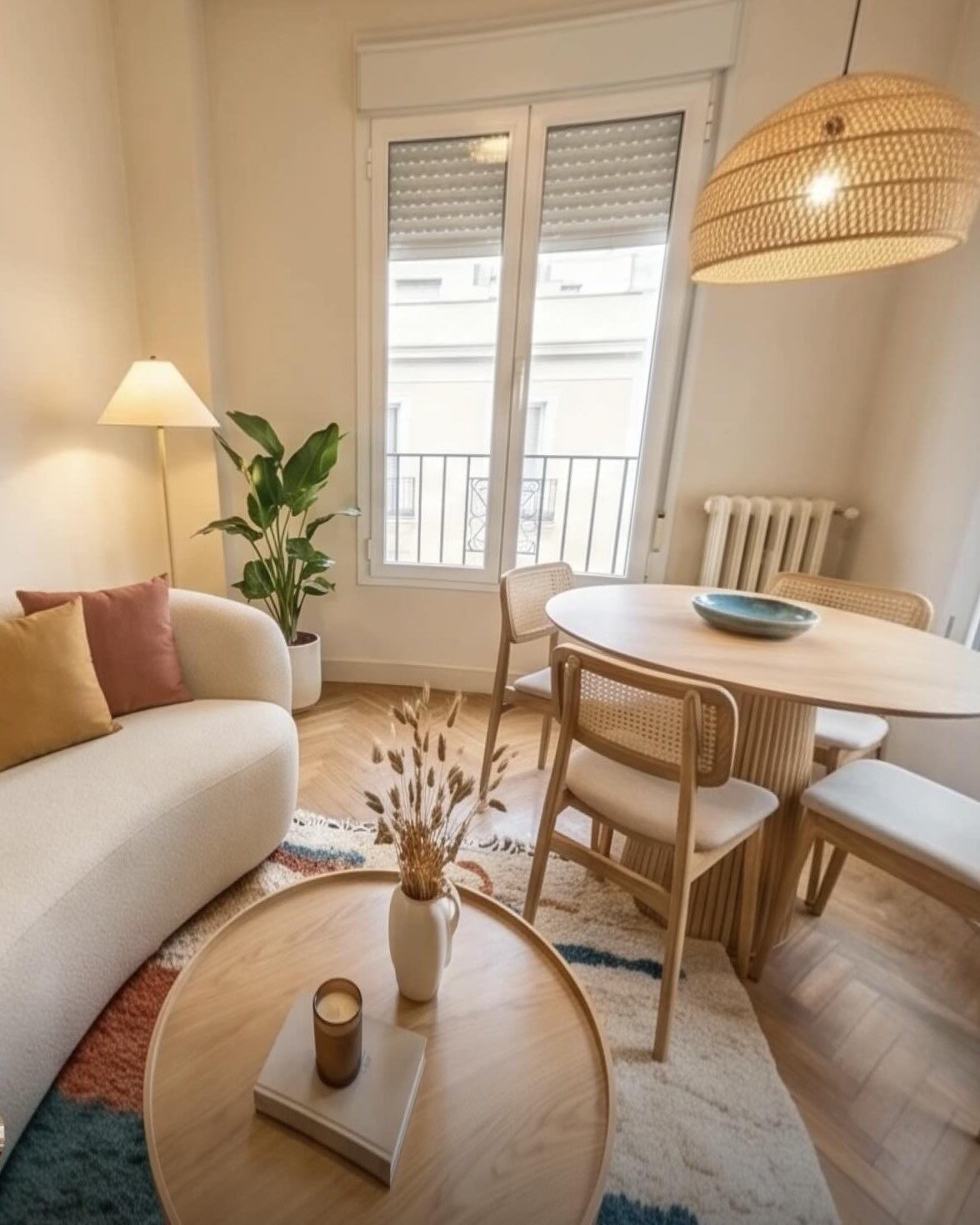 Salón amueblado de un piso, con sofá y mesa de comedor, donde un comprador escribe por la noche