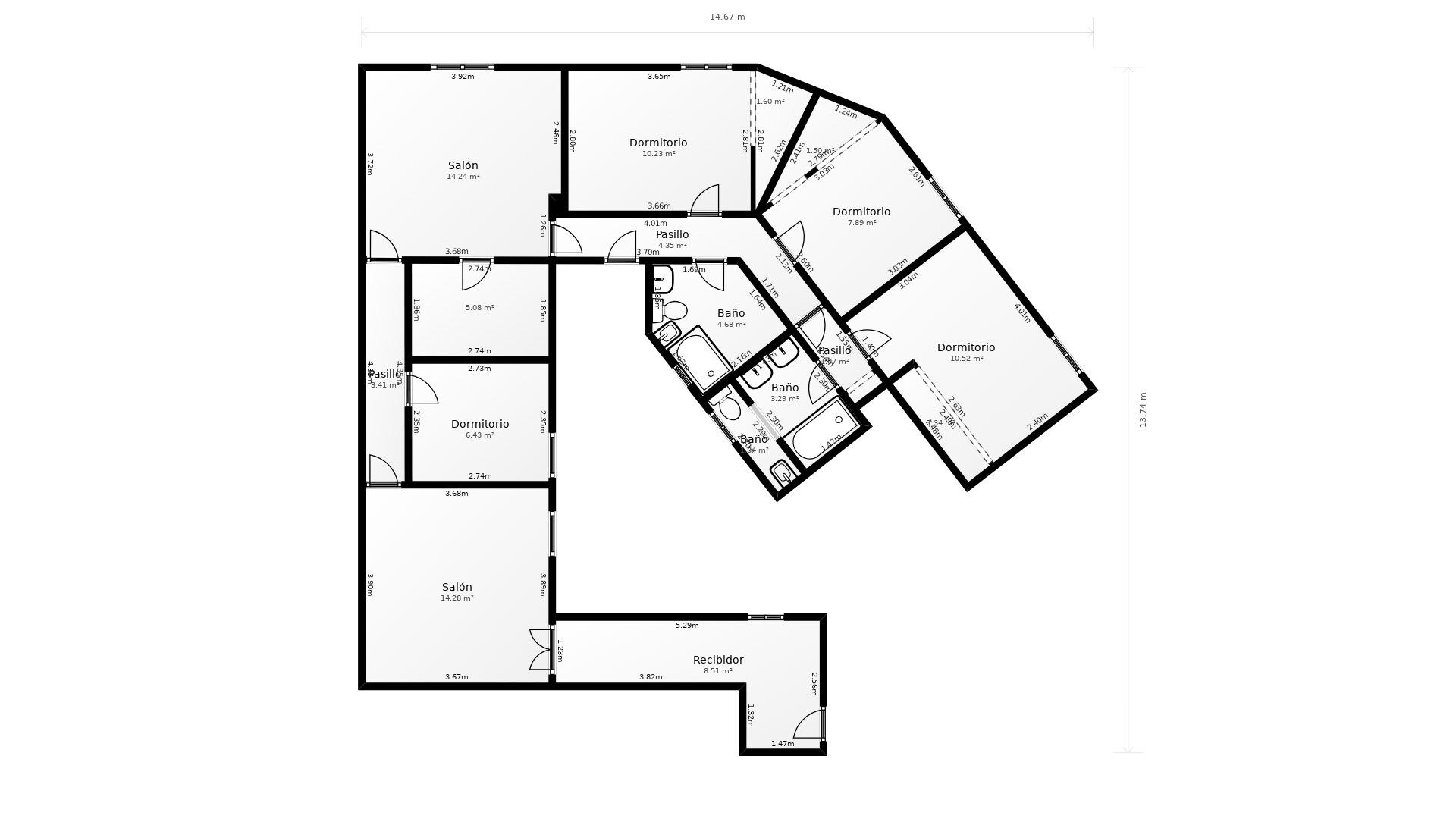 Plano arquitectónico con cotas reales de un piso a reformar